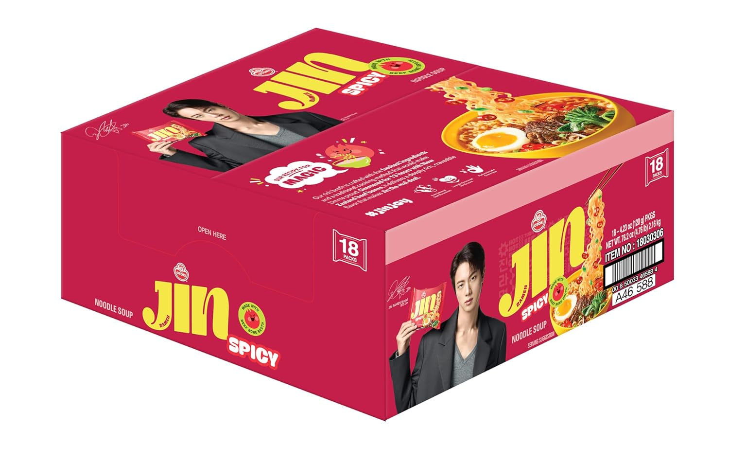 Jin Ramen, BTS Jin & JIN RAMEN Edition, Authentic Korean Instant Noodles, Rich and Savory Beef Broth, Quick and Easy Meal 4.23 Oz X 18 Pack (1 Box) (PACK of 18, SPICY)