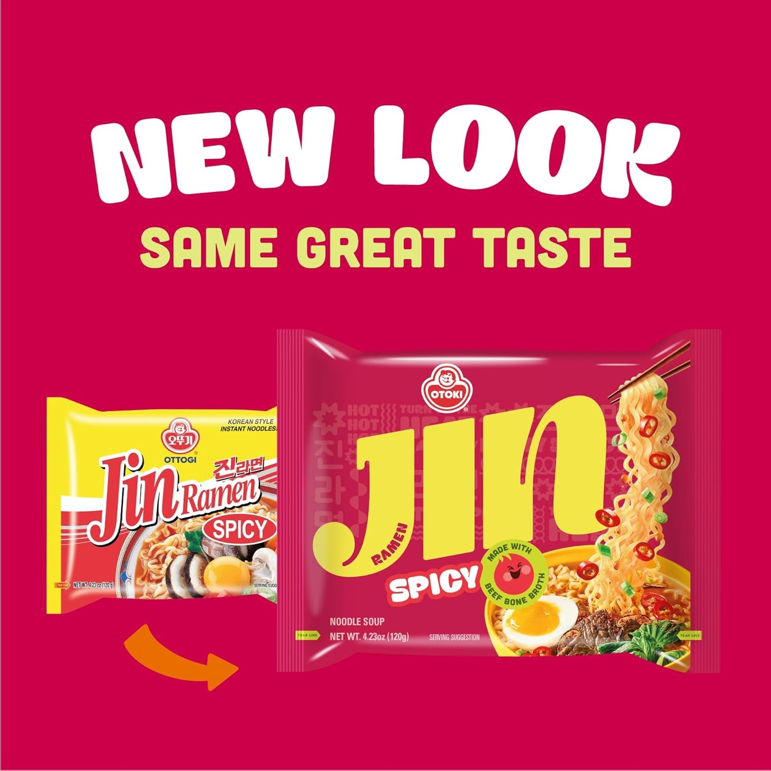 Jin Ramen, BTS Jin & JIN RAMEN Edition, Authentic Korean Instant Noodles, Rich and Savory Beef Broth, Quick and Easy Meal 4.23 Oz X 18 Pack (1 Box) (PACK of 18, SPICY)