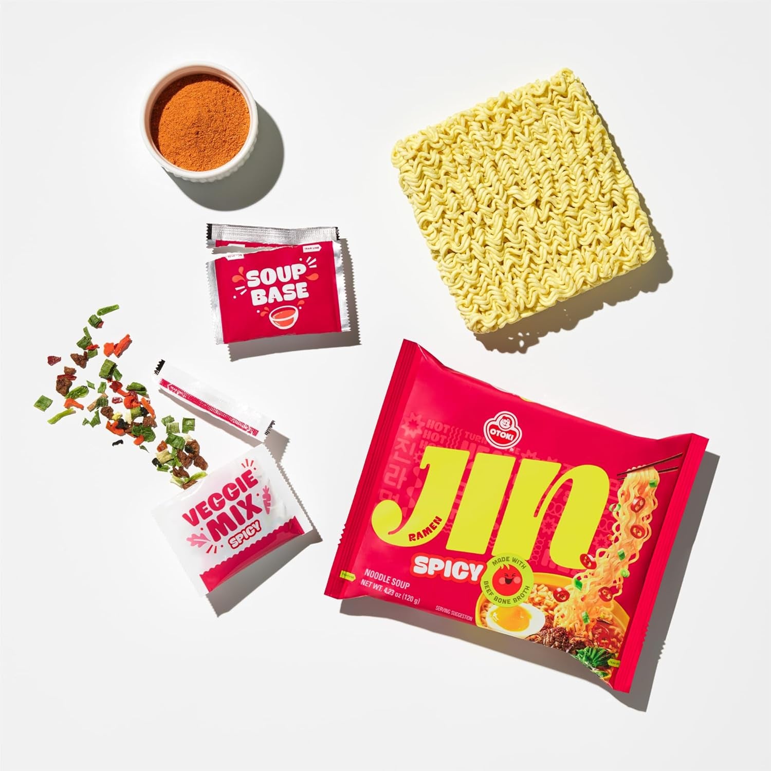Jin Ramen, BTS Jin & JIN RAMEN Edition, Authentic Korean Instant Noodles, Rich and Savory Beef Broth, Quick and Easy Meal 4.23 Oz X 18 Pack (1 Box) (PACK of 18, SPICY)