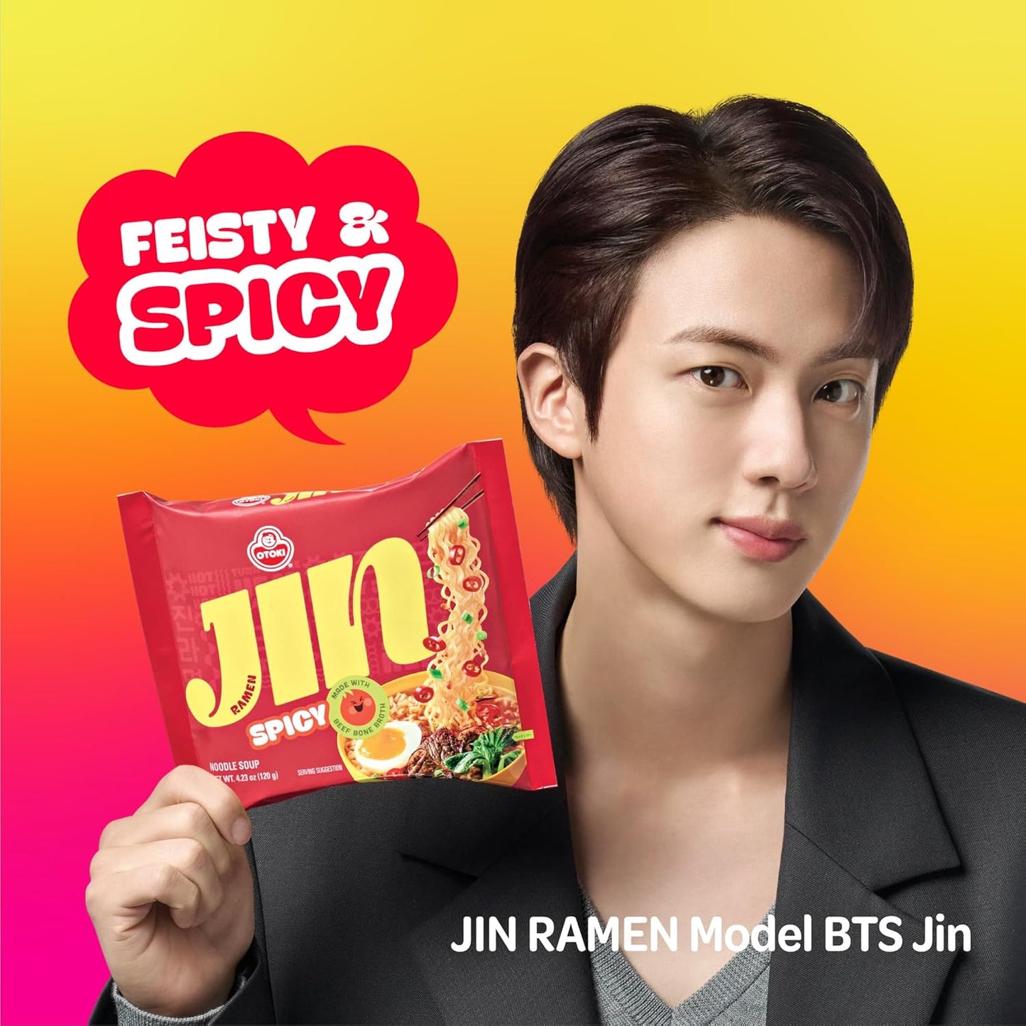 Jin Ramen, BTS Jin & JIN RAMEN Edition, Authentic Korean Instant Noodles, Rich and Savory Beef Broth, Quick and Easy Meal 4.23 Oz X 18 Pack (1 Box) (PACK of 18, SPICY)