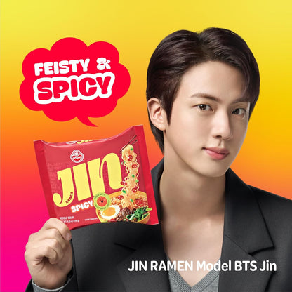 Jin Ramen, BTS Jin & JIN RAMEN Edition, Authentic Korean Instant Noodles, Rich and Savory Beef Broth, Quick and Easy Meal 4.23 Oz X 18 Pack (1 Box) (PACK of 18, SPICY)